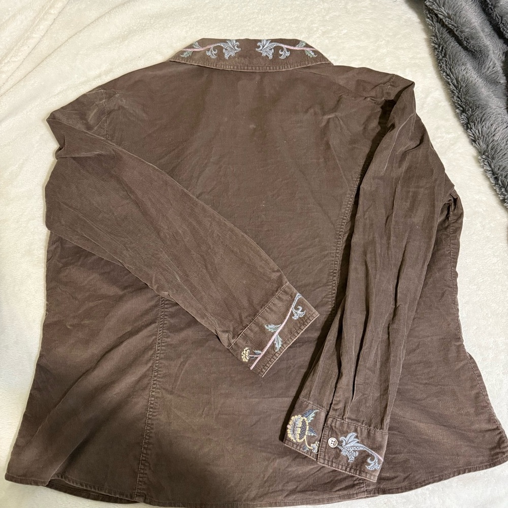 J Jill Corduroy Button Shirt Brown w/ Multicolor Floral Embroidery XL.